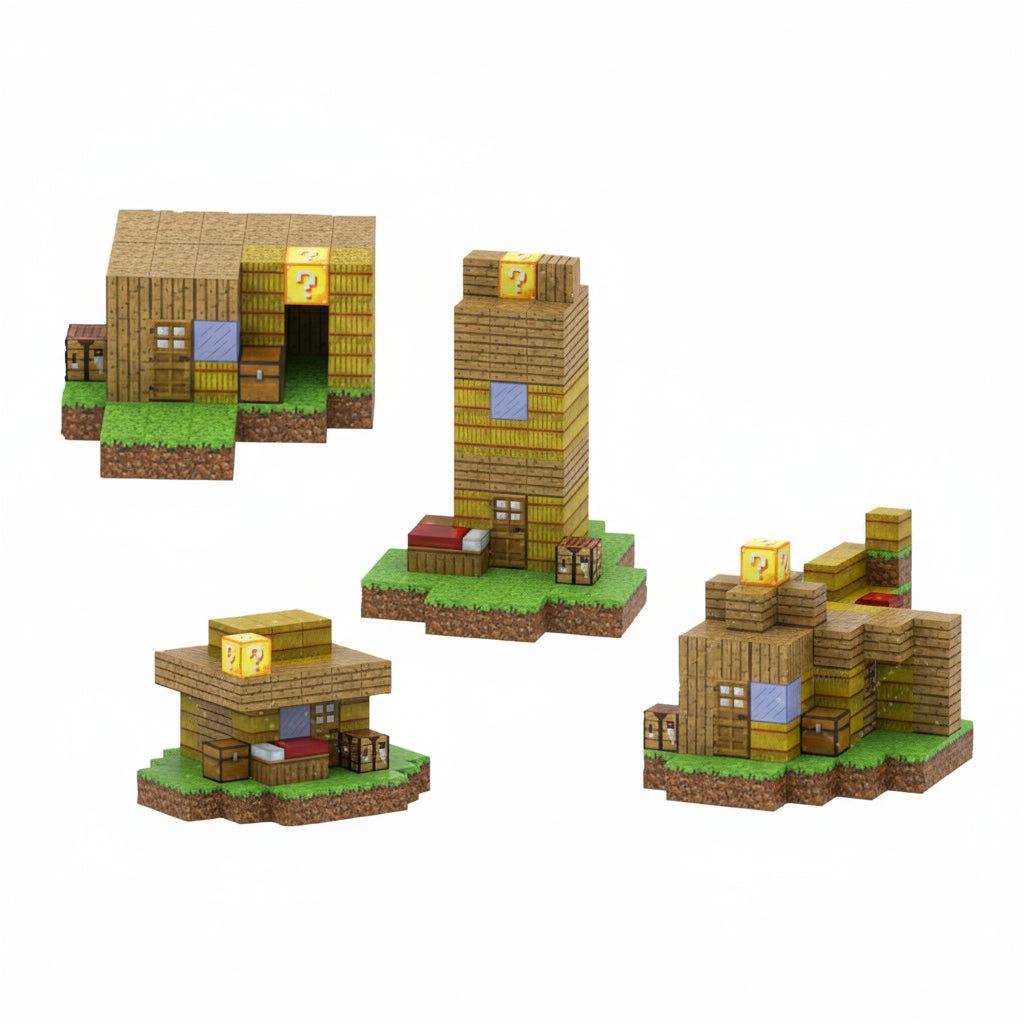 Construction d'une cabane en bois et paille avec des jouets en forme de blocs magnétiques