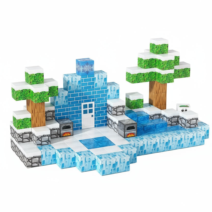 Construction d'un igloo avec des arbres avec des jouets en forme de blocs magnétiques