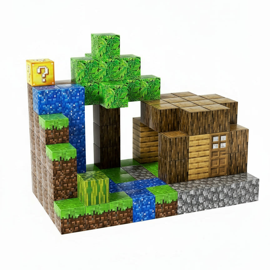 Construction d'une petite maison en bois avec un arbre avec des jouets en forme de blocs magnétiques