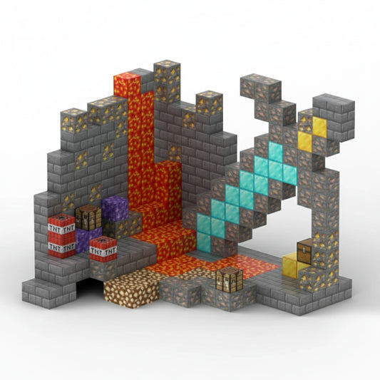 Construction d'une mine avec de la lave avec des jouets en forme de blocs magnétiques